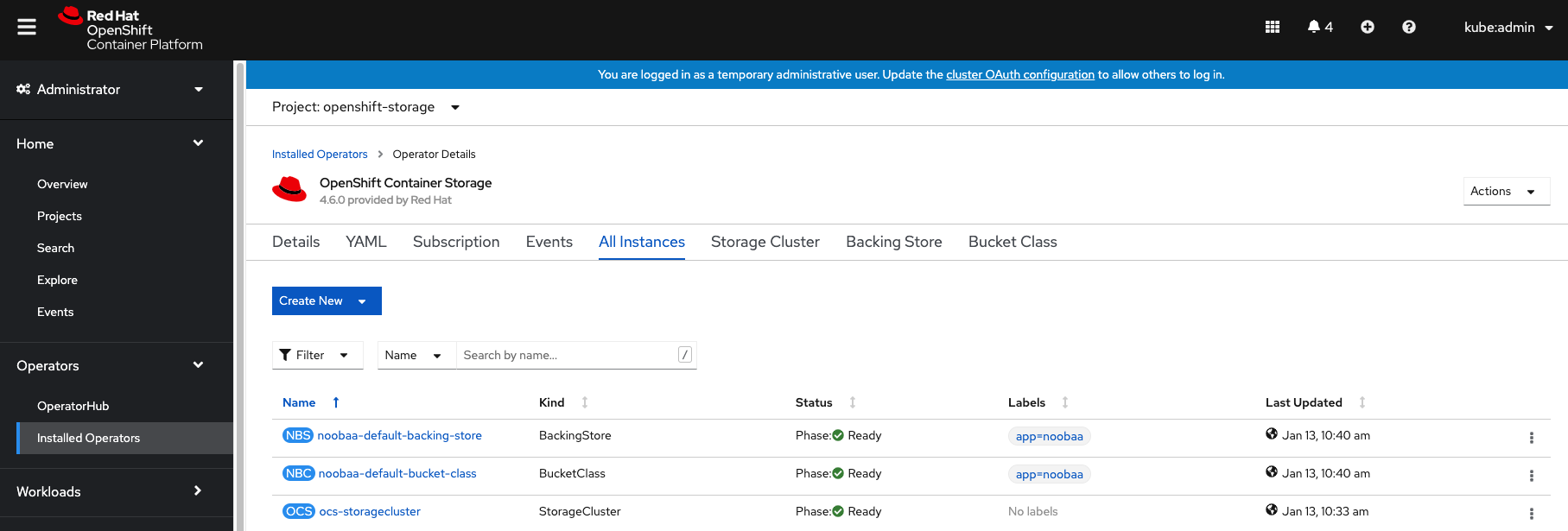 OCS instance overview after cluster install is finished