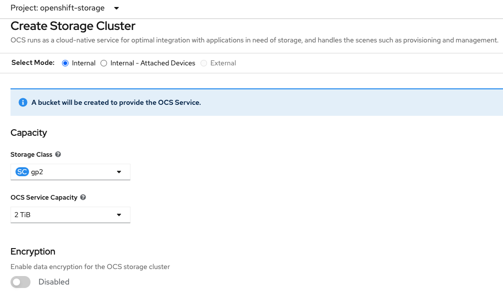 Create Storage Cluster default settings